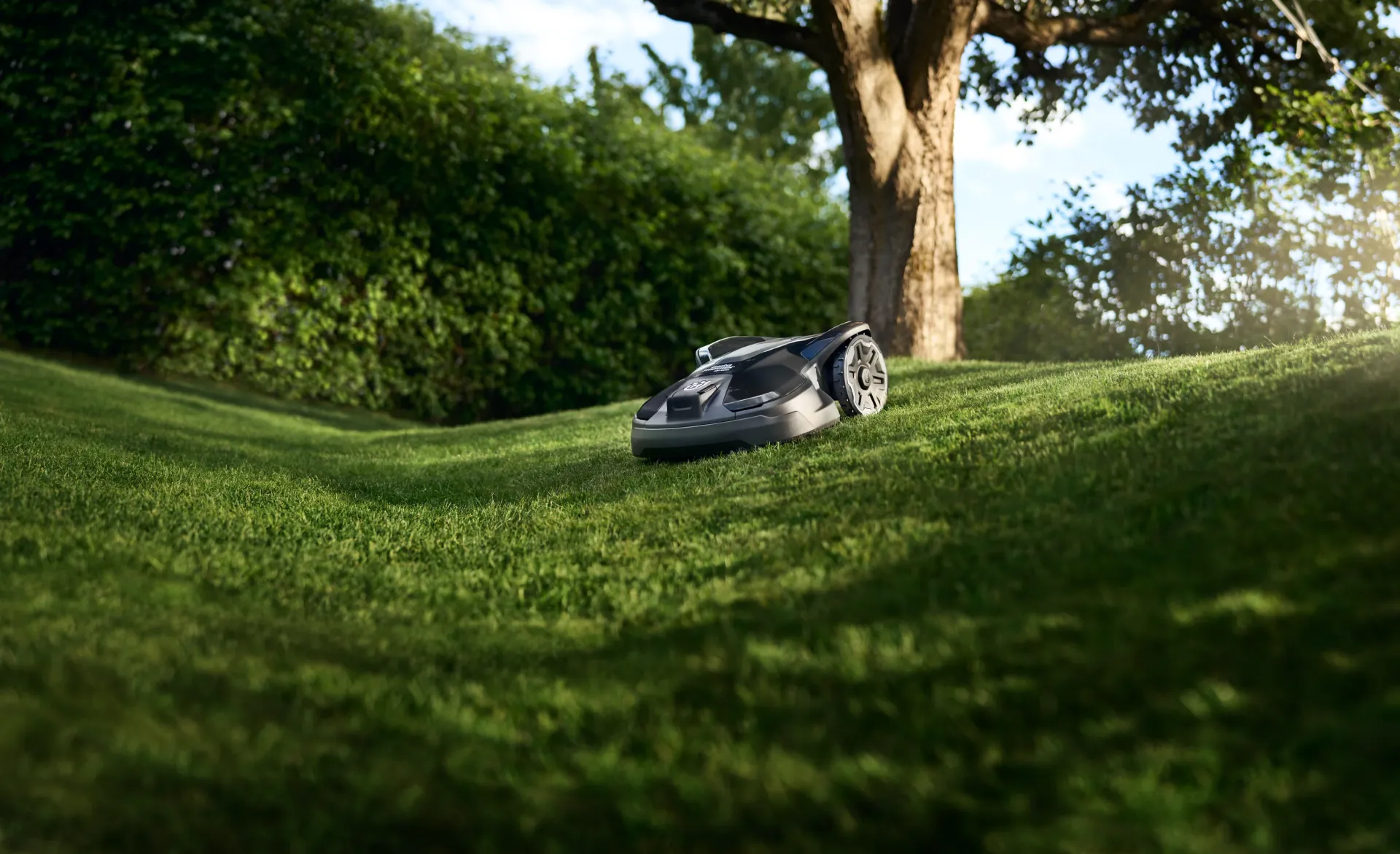 Husqvarna Automower® auf einer hügeligen Rasenfläche im Schatten eines Baums