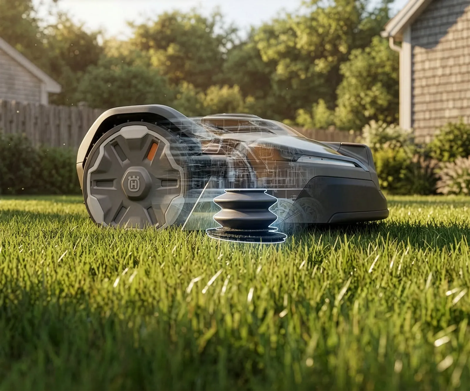 Husqvarna Automower® with its cutting-height mechanism revealed