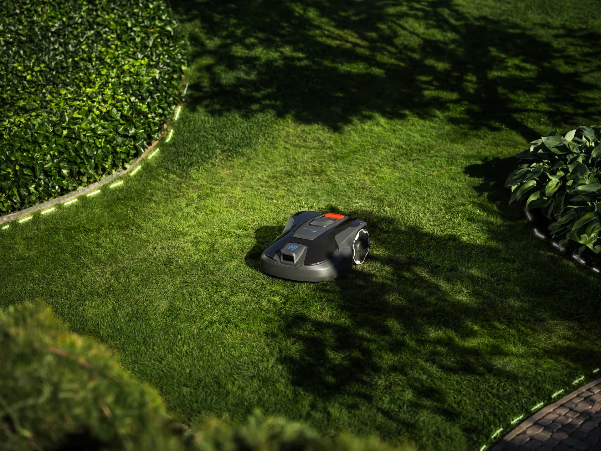 Robotic mower in a well-kept garden, seen from above